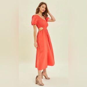 HEYSON CORAL RED SMOCKED CUTOUT MIDI DRESS- NWT